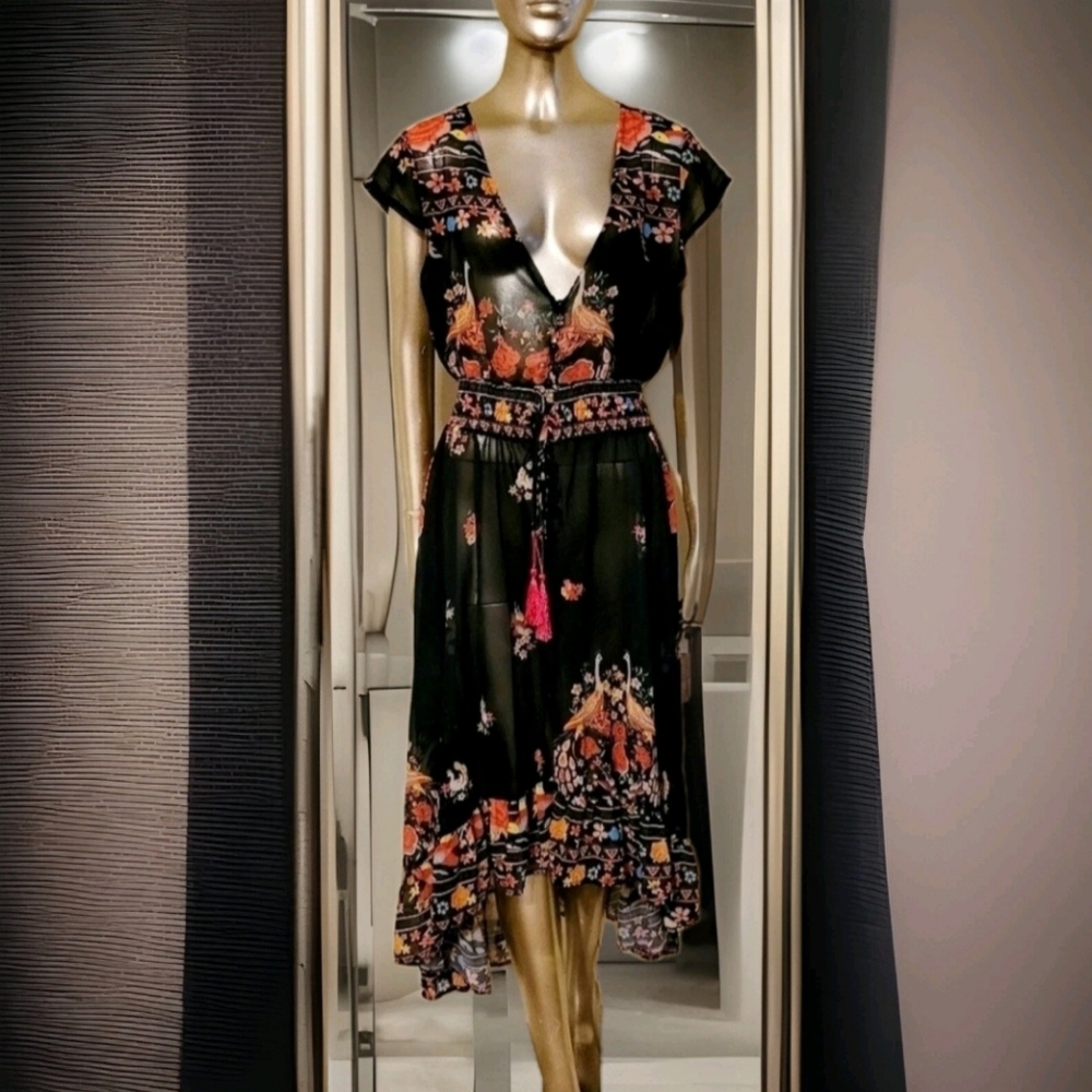 NWOT Floral Shirred Waist Tie Front Ruffle Hem Boho Sheer Dress Sz M - Picture 5 of 16